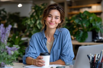 Aufkleber - Friendly young woman smiling sitting at desk in office with plants holding coffee cup in cozy workspace environment with laptop and supplies