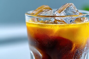 Poster - Refreshing cold beverage in a clear glass filled with ice cubes, vibrant lemon slices and dark soda or cola, with condensation on glass
