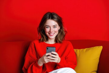 Aufkleber - Happy young woman with shoulder-length brown hair smiling happily sitting on a red sofa using smartphone against vibrant red background with a yellow cushion