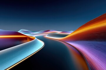Aufkleber - Futuristic abstract landscape with glowing neon light trails winding through colorful smooth hills and illuminated pathways under dark night sky