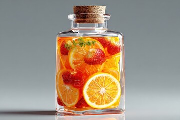 Poster - Vibrant Fruit Infused Water in a Clear Glass Bottle with Lemon Strawberry and Orange Slices for Refreshing Hydration
