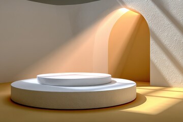 Aufkleber - Modern minimalistic circular elevated platform with soft natural sunlight gentle shadows and warm beige walls for product display