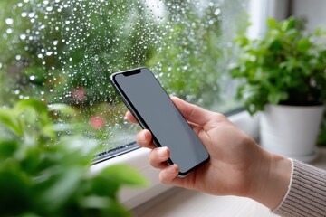 Poster - Person Holding Smartphone Near Window with Raindrops on Glass and Green Plant in Background, Indoor Smartphone Usage Concept