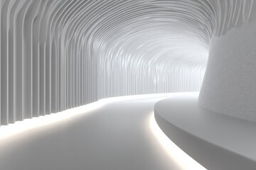 Aufkleber - Modern futuristic tunnel with sleek white ribbed walls illuminated by soft LED lighting creating an immersive and minimalist architectural design