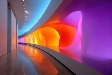 Aufkleber - Modern Interior Design with Vibrant Colorful LED Light Installation Featu Curved Shape and Smooth Floo in a Futuristic Space