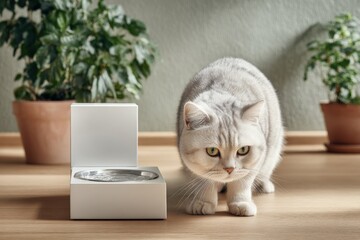Aufkleber - Adorable Cat Curiously Explo a Small Open White Gift Box on Wooden Floor Near Green Potted Plants in a Modern Room
