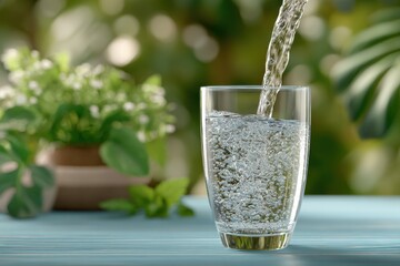 Poster - Clear glass filled with fresh water being poured outdoors on a sunny day with lush green plants and tropical foliage in the background