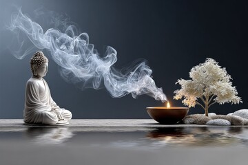 Aufkleber - Serene Buddha Statue Meditation Scene with Smoke Rising from Incense Bowl and White Blossomed Tree on Dark Background