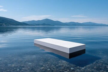 Poster - Serene calm lake scene with a modern white floating dock extending into clear water surrounded by mountains and blue sky
