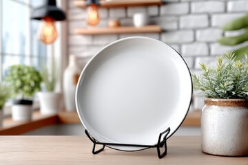 Poster - Elegant White Ceramic Plate Display on Black Metal Stand with Potted Green Plant in Modern Kitchen Interior with Shelves and Lighting