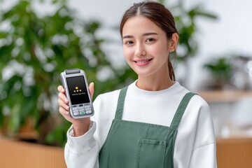Poster - Young woman smiling in casual outfit holding a credit card payment terminal at a modern indoor café or retail shop environment