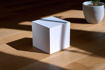 Poster - Minimalist White Cube Box on Wooden Surface with Shadow and Potted Plant in Background Natural Lighting Style