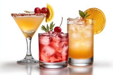 Poster - Colorful Assorted Fruit Cocktails with Ice and Fresh Garnishes in Clear Glasses Isolated on White Background