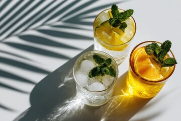Poster - Refreshing citrus and mint infused cold beverages with ice and vibrant citrus slices served in tall glasses on bright surface with shadows