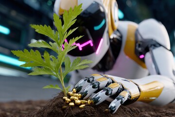 Poster - Futuristic humanoid robot in protective suit planting a young green sapling in soil representing technology environmental conservation and robotics synergy