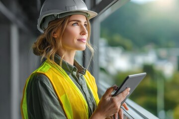 Poster - Female construction manager or engineer wea safety helmet and vest using tablet at construction site du daytime