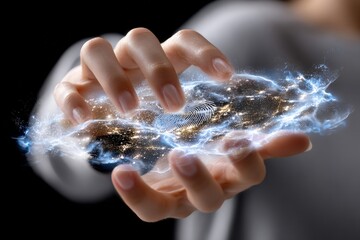 Poster - Futuristic digital hand holding glowing cityscape with energy waves and holographic technology, representing innovation and connectivity