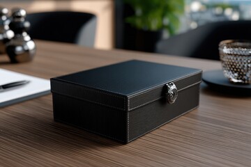 Poster - Elegant black rectangular jewelry display box with a silver clasp on a wooden table in a modern office setting with blurred background