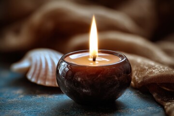 Poster - Tranquil indoor scene with glowing candle in black holder surrounded by seas and smooth stones on soft fabric background for relaxation