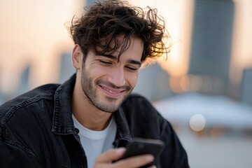 Poster - Happy young man smiling and using smartphone outdoors du sunset in city with blurred buildings background