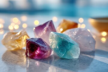 Aufkleber - Colorful Rough Gemstones in Bright Sunlight with Soft Focus and Sparkling Reflections on a Smooth Surface for Jewelry Art and Styling Purposes