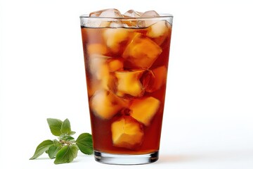 Poster - Refreshing Cold Glass of Dark Iced Coffee with Ice Cubes and Fresh Mint Leaves on White Background