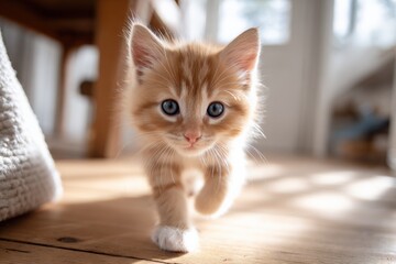 Poster - Adorable ginger kitten with bright blue eyes walking on wooden floor in cozy home environment with natural sunlight streaming through