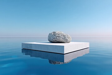 Poster - Minimalist Modern Art Sculpture of a Large Rocky Stone on a Square Concrete Platform Floating Over Calm Blue Water Under Clear Sky