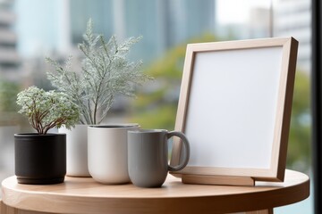 Poster - Modern indoor workspace with potted plants, blank picture frame, coffee mug, and large window with city view background