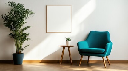 Poster - A beautifully styled modern living space featuring a vibrant blue chair, green plants, and a tastefully blank wall, embodying contemporary design and comfortable living.