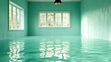 Poster - A surreal scene depicting an interesting interior flooded with turquoise water, inviting curiosity about the effects of water and space on human emotions and perception.