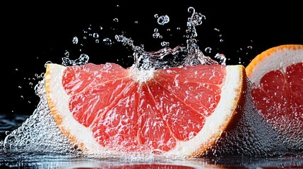 Poster - A fresh grapefruit slice making a splash in water, capturing the vibrancy and refreshing nature of this citrus fruit, enhanced by the playful bubbles in the composition.