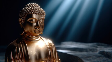 Poster - Close-Up of a Glowing Golden Buddha Statue with Spotlights in a Dark Space Creating Peaceful and Spiritual Atmosphere