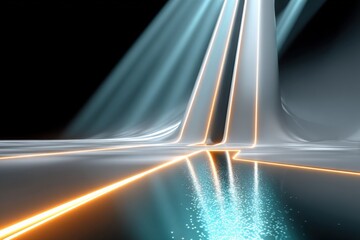 Aufkleber - Futuristic Metro Tunnel Scene with Glowing LED Tracks and Dynamic Light Beams Illuminating a Modern Transport Corridor