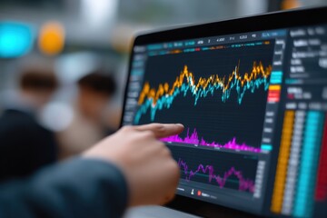 Poster - Close-up of a person analyzing financial stock market data on a digital screen with colorful graphs and charts in a professional trading environment