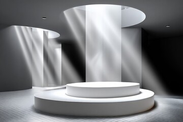 Poster - Minimalist Modern Circular Spotlight Stage with Soft Illuminated Platform and Dynamic Light Beams in a Contemporary Exhibition Space