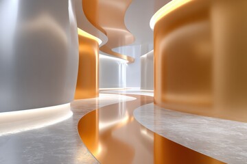 Aufkleber - Futuristic Modern Architectural Interior Design with Smooth Curves Elegant Lighting and Glossy Surfaces in a Bright Space