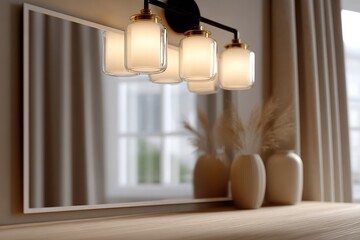 Poster - Modern pendant lighting fixture with four frosted glass lampshades hanging above a wooden surface in stylish living room decor with large and beige curtains