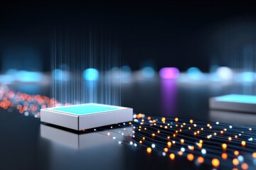 Poster - Close-up of a white electronic device on a glowing data network with colorful bokeh lights representing high-speed digital technology and internet connectivity