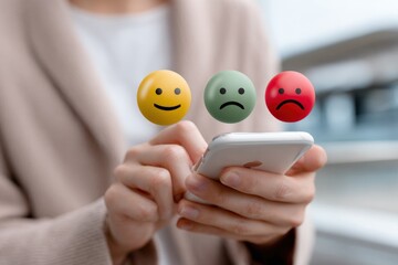 Aufkleber - Close-up of a person using a smartphone with three emoticons showing happiness sadness and anger on the screen in a modern indoor setting