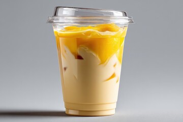 Aufkleber - Delicious creamy mango flavored instant coffee beverage served in a transparent plastic cup with ice cubes and a sealed lid on a plain gray background