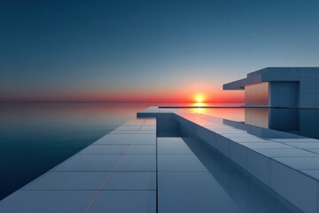 Poster - Modern architectural building with sleek white exterior and large terrace overlooking calm ocean at sunset, contemporary design with minimalistic style