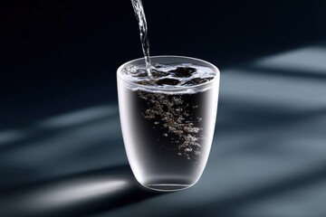 Poster - Close-up of a transparent glass filled with bubbling clear water with a dark background and dynamic shadows for a refreshing beverage concept