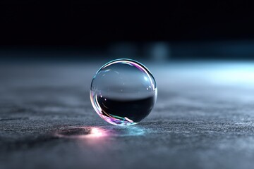 Poster - Close-up of a transparent glass sphere reflecting light and colors, resting on a textured surface with a dark blurred background