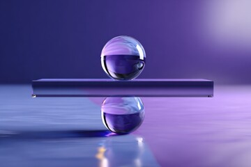 Poster - Abstract minimalistic art featu a glass sphere balanced on a thin horizontal platform with a colorful gradient background and reflection