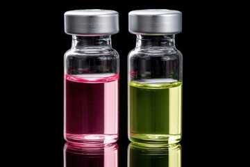 Poster - Close-up of two glass vials containing colorful liquids, one pink and one green, used for laboratory testing or chemical experiments
