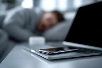Aufkleber - Sleepy person resting on bed with laptop on bedside table in a modern bedroom interior du daytime with natural light
