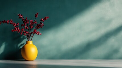 Poster - A bright yellow vase filled with striking red branches adds a pop of color against a calming teal wall, creating a vibrant and cheerful home decor aesthetic.