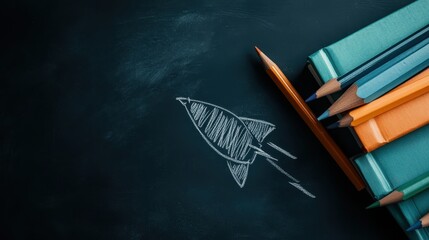 Poster - A vibrant chalk drawing of a rocket on a blackboard, paired with colored pencils, symbolizing creativity, imagination, and the beginning of exciting adventures in learning.