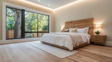 Poster - A serene minimalist bedroom featuring a cozy bed, bathed in natural light, with a beautiful view of greenery outside, promoting relaxation and tranquility in a harmonious setting.